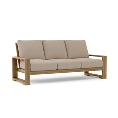 Anderson Teak Capistrano teak wood outdoor 3-seater sofa for garden lounge, available in 9 designer colors, natural wood finish.