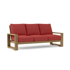 Anderson Teak Capistrano teak wood 3-seater outdoor patio sofa in cast mist color, designed for garden lounge comfort.