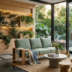 Anderson Teak Capistrano deep seating sofa in nine designer colors, featuring plush cushions and stylish outdoor furniture design.