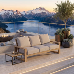 Anderson Teak Capistrano Teak Wood 3-Seater Sofa for outdoor patio garden lounge in cast mist color with natural wood finish.