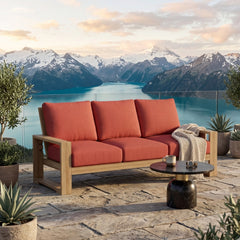 Anderson Teak Capistrano teak wood outdoor 3-seater sofa for patio or garden lounge, available in 9 designer colors.