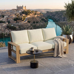 Anderson Teak Capistrano teak wood outdoor patio 3-seater sofa in cast mist color, ideal for garden lounge seating.
