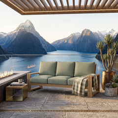 Anderson Teak Capistrano teak wood outdoor 3-seater patio sofa in cast mist, perfect for garden lounge, available in 9 designer colors.