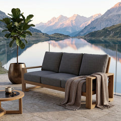 Anderson Teak Capistrano Teak Wood 3-Seater Outdoor Patio Sofa in Cast Mist, designed for garden lounge, available in 9 colors.