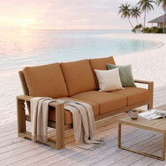 Anderson Teak Capistrano teak wood outdoor patio 3-seater sofa in cast mist, perfect for garden lounge, available in 9 designer colors.
