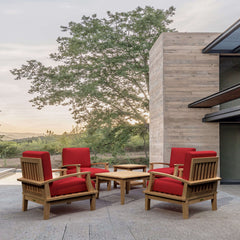 Anderson Teak Brianna Teak Wood deep seating outdoor patio set with 4 armchairs and 2 tables in cast mist finish.