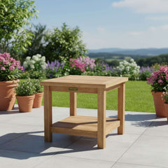 Anderson Teak Brianna Teak Wood outdoor patio set with 4 armchairs and 2 tables in cast mist color for garden lounge.