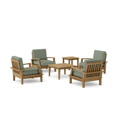 Anderson Teak Brianna Teak Wood outdoor patio sofa set with 4 armchairs and 2 tables in cast mist color, perfect for garden lounge.