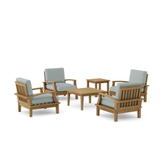 Anderson Teak Brianna Teak Wood outdoor patio sofa set with 4 armchairs and 2 tables in a garden lounge setting.