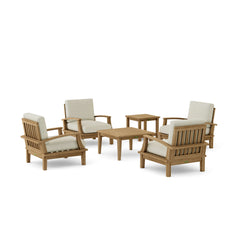 Anderson Teak Brianna teak wood outdoor patio sofa set with 4 armchairs and 2 tables in natural garden lounge setting.