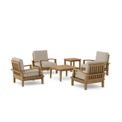 Anderson Teak Brianna Teak Wood Deep Seating Set with 4 armchairs and 2 tables for outdoor patio garden lounge in mist color.