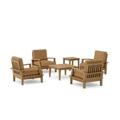 Anderson Teak Brianna Teak Wood deep seating outdoor patio set with 4 armchairs and 2 tables in a garden lounge setting.