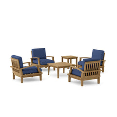 Anderson Teak Brianna teak wood outdoor sofa set with 4 armchairs and 2 tables in a garden patio setting, available in 9 colors.