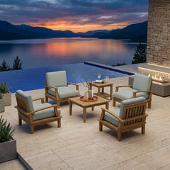 Anderson Teak Brianna Teak Wood deep seating set with 4 armchairs and 2 tables for outdoor patio garden lounge.