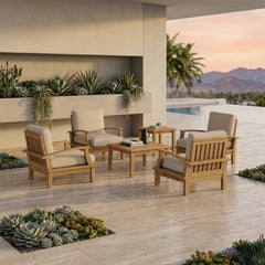 Anderson Teak Brianna teak wood outdoor patio set with 4 armchairs and 2 tables in cast mist color, perfect for garden lounges.