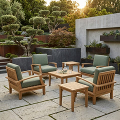 Anderson Teak Brianna teak wood outdoor deep seating set with 4 armchairs and 2 tables for garden lounge in cast mist color.