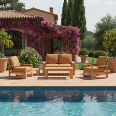 Anderson Teak Capistrano teak wood outdoor sofa set with cushions in Mist color, part of the nine-color garden lounge collection.