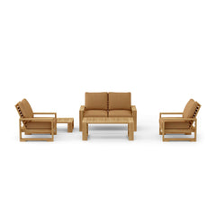 Anderson Teak Capistrano teak wood outdoor sofa set in cast mist, with comfortable cushions for garden lounge and patio seating.