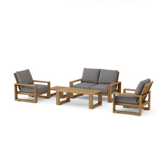 Anderson Teak Capistrano teak wood outdoor sofa set with plush cushions, part of the garden lounge collection in nine designer colors.