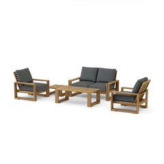 Anderson Teak Capistrano teak wood outdoor patio sofa set with cushions, garden lounge, in mist color and nine designer options.
