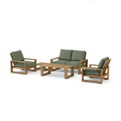 Anderson Teak Capistrano teak wood outdoor sofa set in cast mist color, designed for garden lounge and patio conversation.