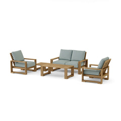 Anderson Teak Capistrano teak wood outdoor sofa set in cast mist, designed for garden lounge with 9 stylish color options.