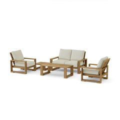Anderson Teak Capistrano Teak Wood Outdoor Patio Sofa Set with cushions in nine designer colors for garden lounge seating.