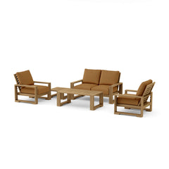 Anderson Teak Capistrano teak wood outdoor patio sofa set with cushions, in Mist color, for garden lounge comfort.