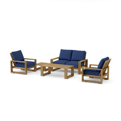 Anderson Teak Capistrano teak wood outdoor patio sofa set in cast mist, featuring a conversational style for garden lounge use.