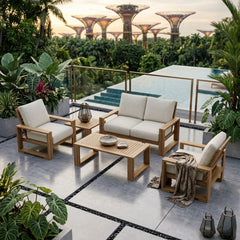 Anderson Teak Capistrano teak wood outdoor sofa set with cushions, designed for garden lounge, available in 9 designer colors.