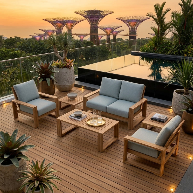 Anderson Teak Capistrano teak wood outdoor sofa set with plush cushions, part of the 9-color outdoor patio garden lounge collection.