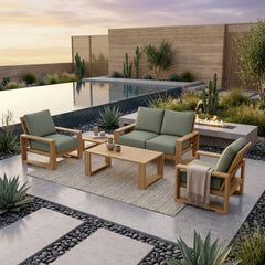 Anderson Teak Capistrano teak wood outdoor sofa set in cast mist color, designed for garden lounge and patio conversations.