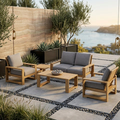 Anderson Teak Capistrano teak wood outdoor sofa set with cushions, designed for garden lounge in cast mist color.