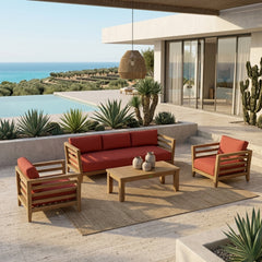 Anderson Teak Cordoba teak wood outdoor sofa set with cushions, designed for garden lounge, in mist color.
