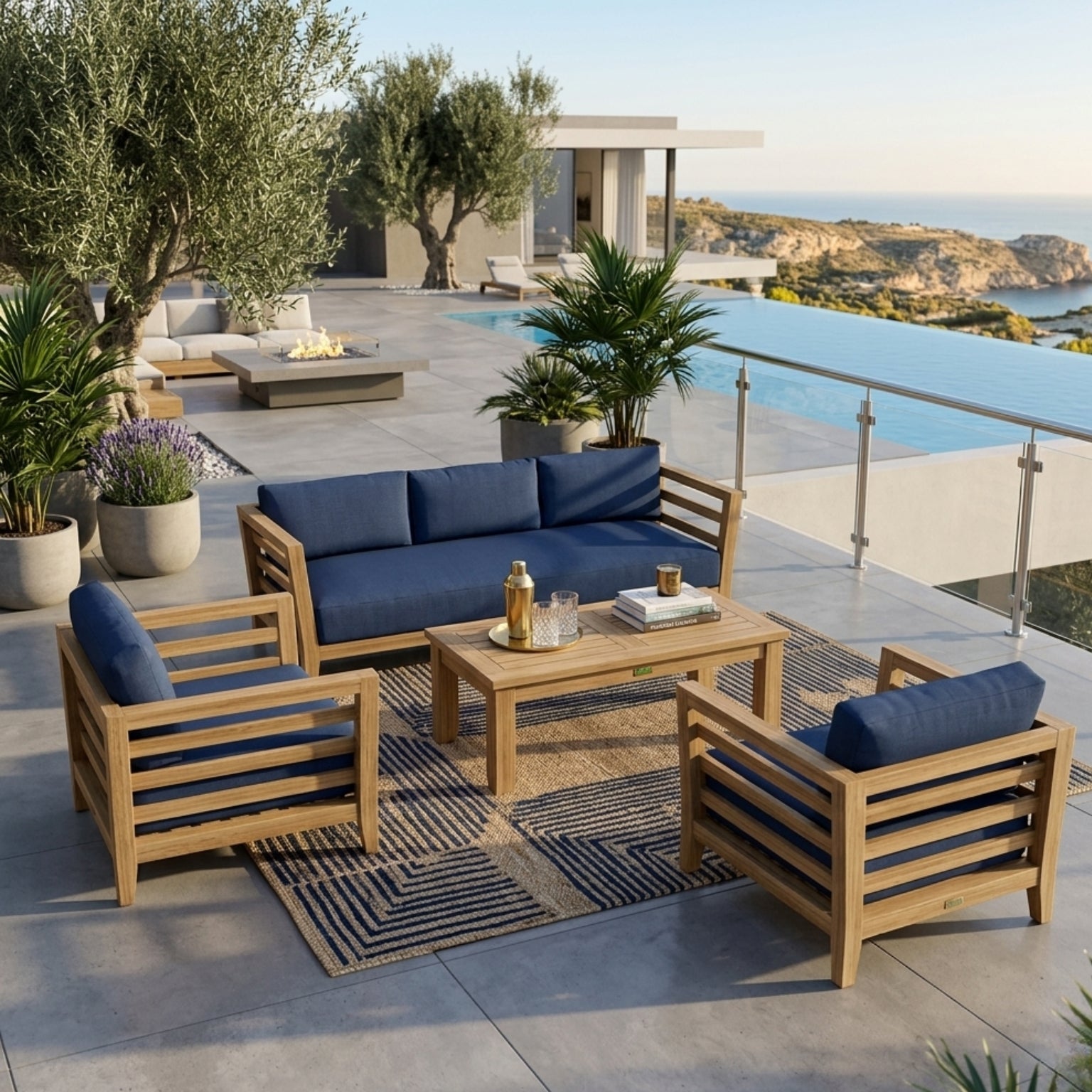 Anderson Teak SET-160 Cordoba teak wood outdoor patio sofa set with cushions, in a garden lounge setting with multiple color options
