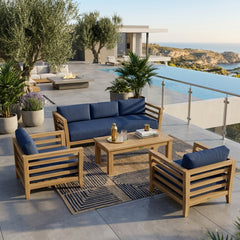 Anderson Teak SET-160 Cordoba teak wood outdoor patio sofa set with cushions, in a garden lounge setting with multiple color options