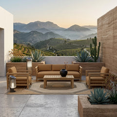 Anderson Teak Cordoba Teak Wood Outdoor Sofa Set with plush cushions, designed for garden lounge, in mist color.