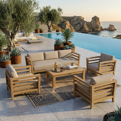 Anderson Teak Córdoba Teak Wood Outdoor Sofa Set in Mist color, perfect for garden lounge and patio seating, 9 designer color options.