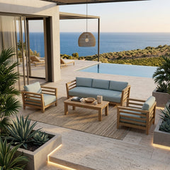 Anderson Teak Cordoba Teak Wood Outdoor Sofa Set with cushions, 9 designer colors, perfect for garden lounge or patio seating.