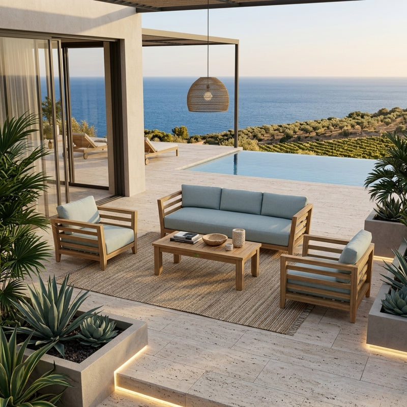 Anderson Teak Cordoba Teak Wood Outdoor Sofa Set with cushions, 9 designer colors, perfect for garden lounge or patio seating.