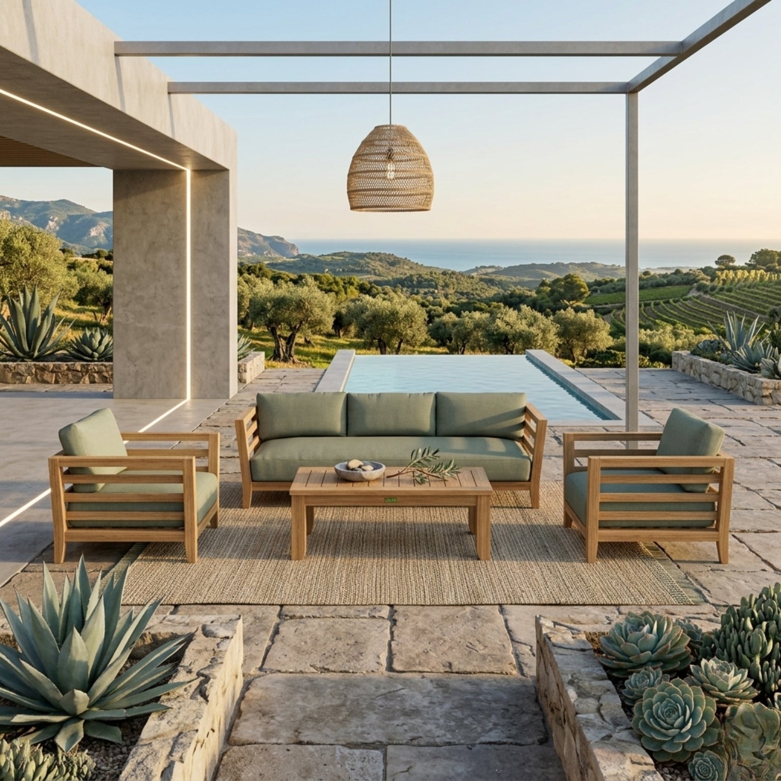 Anderson Teak Cordoba teak wood outdoor sofa set with cushions, garden lounge, in Mist color for patio and outdoor seating.