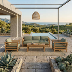 Anderson Teak Cordoba teak wood outdoor sofa set with cushions, garden lounge, in Mist color for patio and outdoor seating.