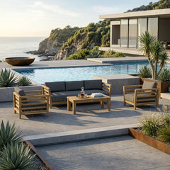 Anderson Teak Cordoba Teak Wood Outdoor Sofa Set with cushions, designed for garden lounge, in mist color and 9 designer shades.