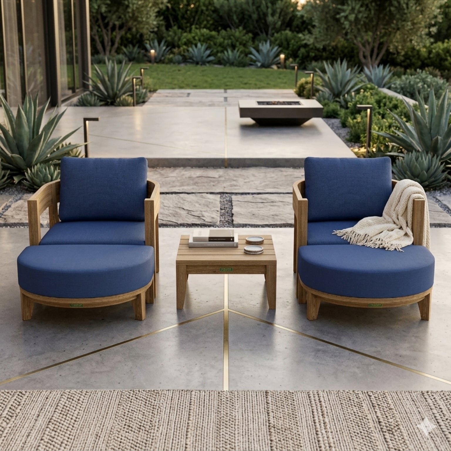 Anderson Teak Coronado 5-piece teak wood outdoor sofa set with deep seating in cast mist color for garden lounge.