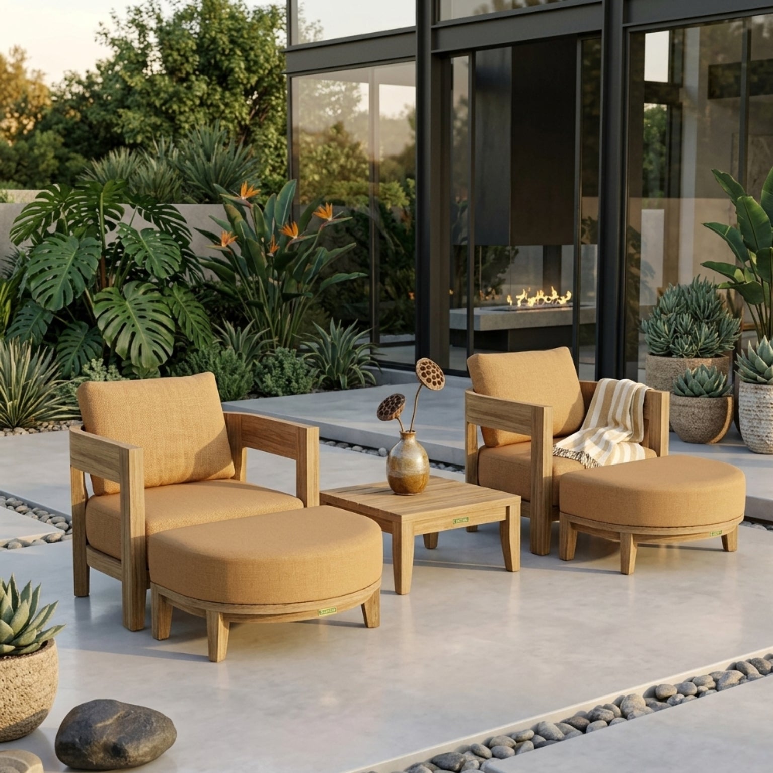 Anderson Teak Coronado 5-piece teak wood outdoor sofa set with deep seating, in Mist color for garden lounge and patio.