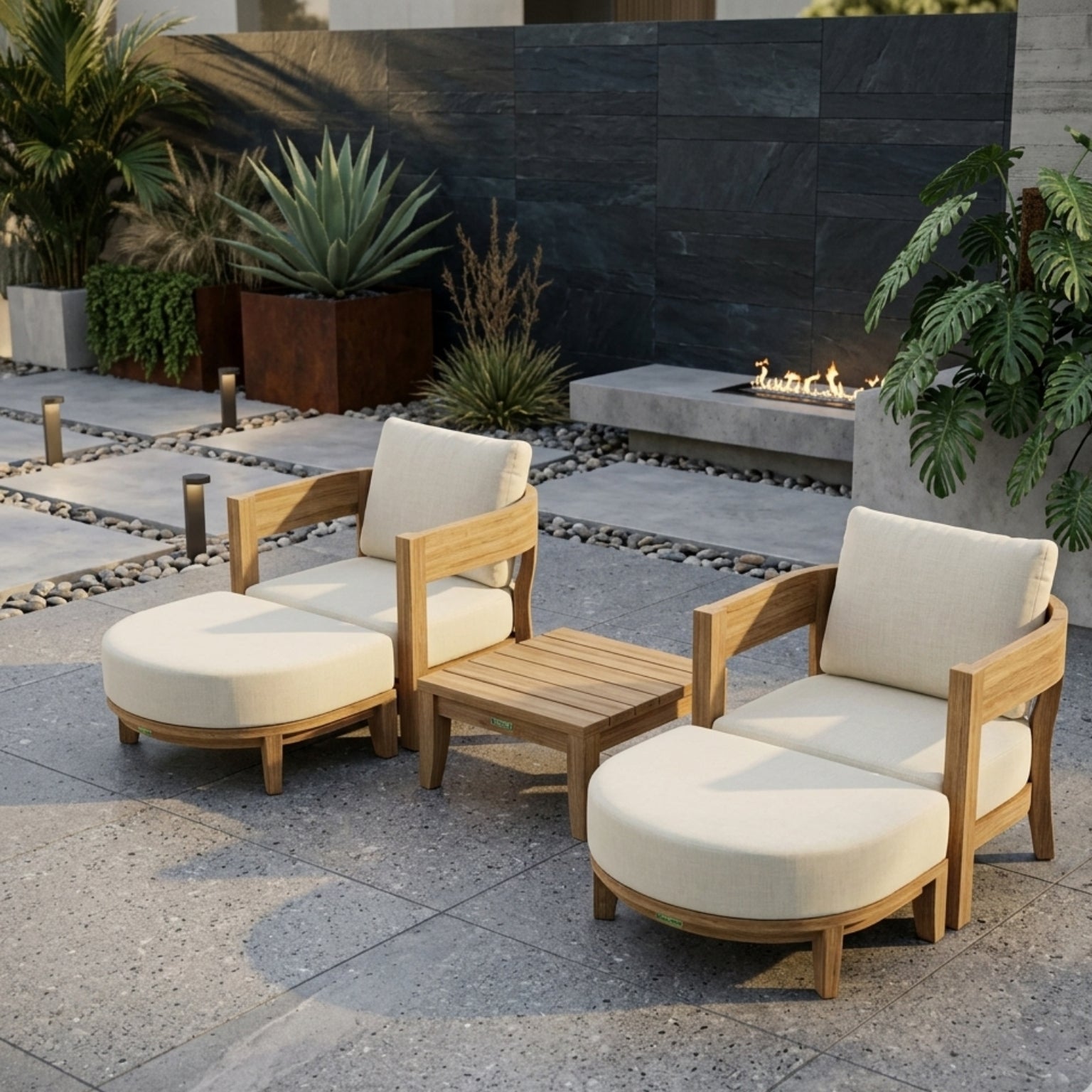 Anderson Teak Coronado 5-piece teak wood outdoor sofa set with deep seating, in cast mist color for garden lounge or patio.
