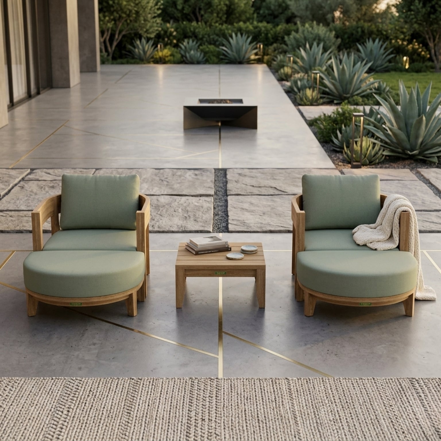 Anderson Teak Coronado 5-piece teak wood outdoor sofa set with plush cushions, ideal for garden lounge seating in multiple designer colors.