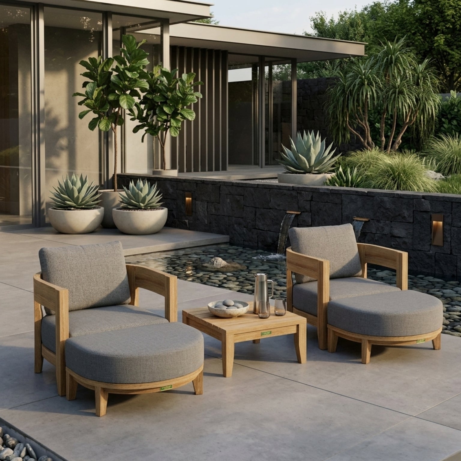 Anderson Teak Coronado 5-piece teak wood outdoor patio sofa set with deep seating in mist color, perfect for garden lounge areas.