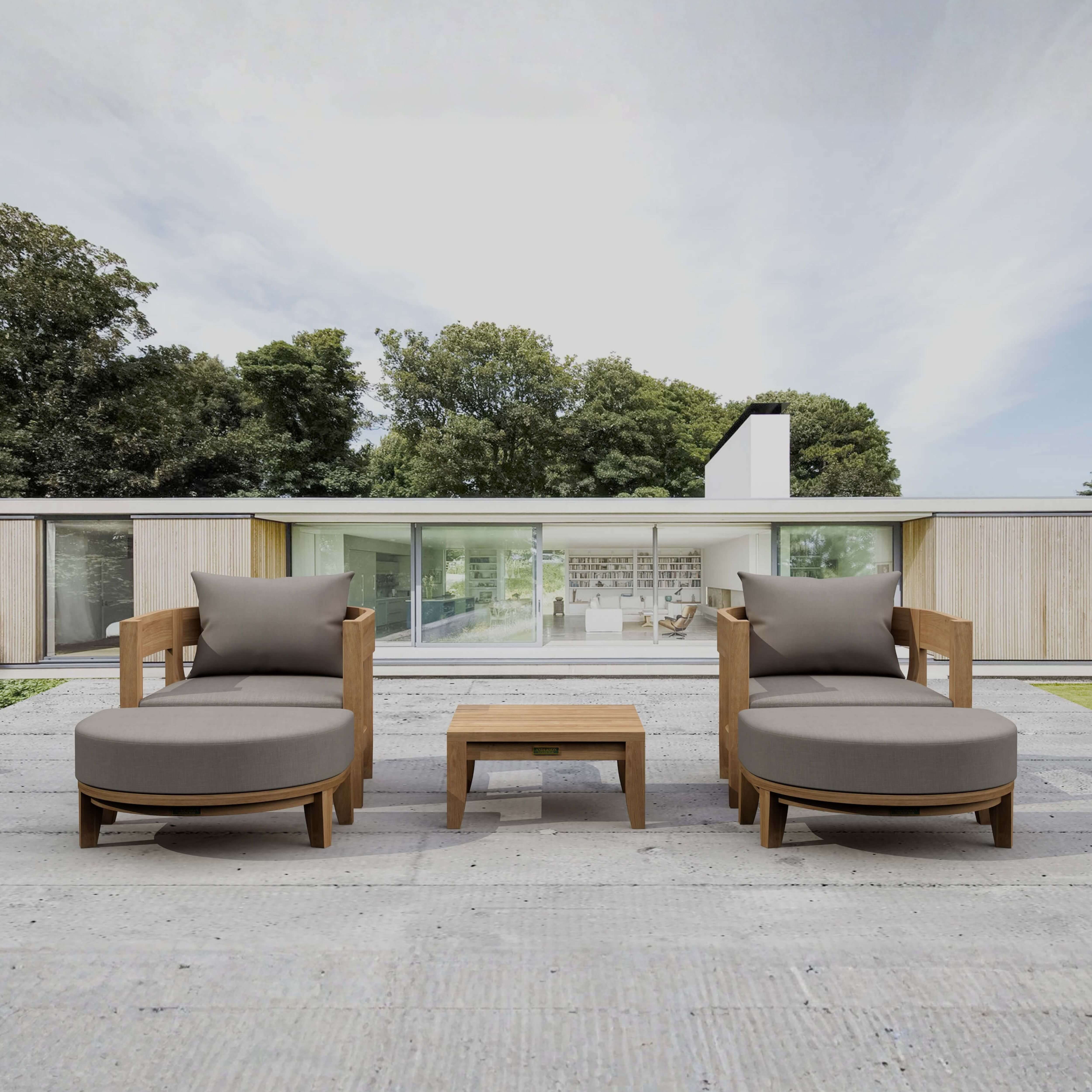 Anderson Teak Coronado 5-piece teak wood outdoor sofa set with deep seats, garden lounge style, in a cast mist color.