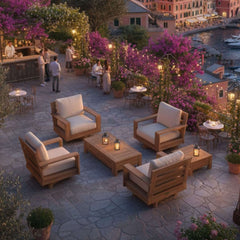 Anderson Teak 6-piece Madera Teak Wood outdoor patio sofa set with deep seating in cast mist color for garden lounge.